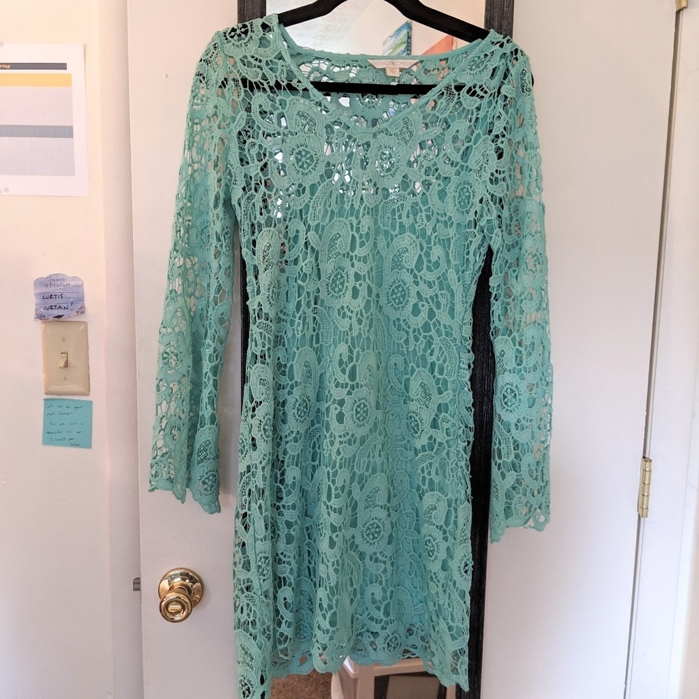 Teal Crochet 60's-70's Style Flare Sleeve Dress